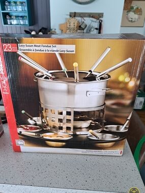 (NOS)Lazy Susan Stainless Steel Meat Fondue Set - Silver